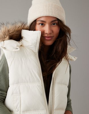 Womens white puffer store vest with fur hood