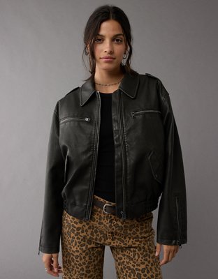 AE Vegan Leather Moto Bomber Jacket