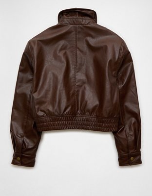 AE Cropped Faux Leather Bomber Jacket