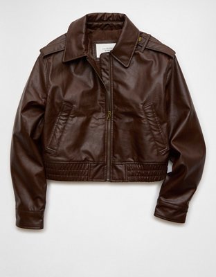 AE Cropped Faux Leather Bomber Jacket