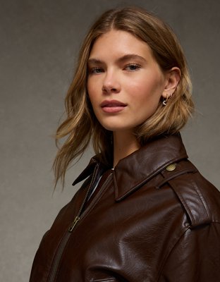 AE Cropped Faux Leather Bomber Jacket