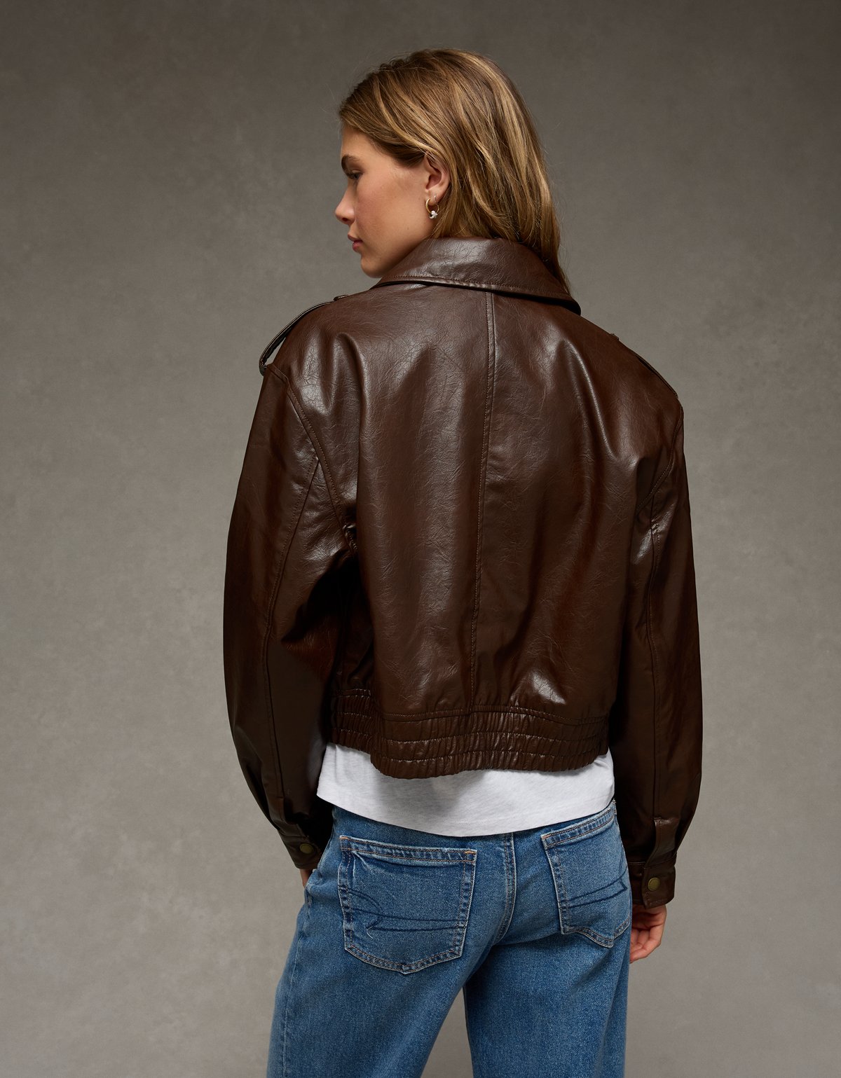 AE Cropped Faux Leather Bomber Jacket - image 3