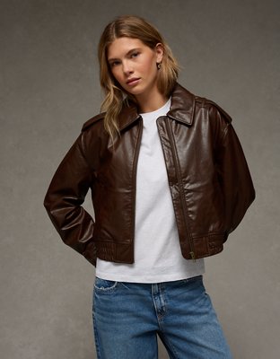 AE Cropped Faux Leather Bomber Jacket