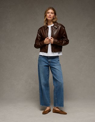 AE Cropped Faux Leather Bomber Jacket