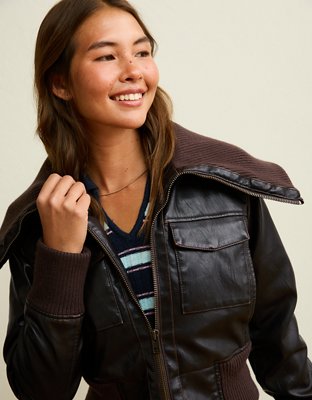 AE Shrunken Vegan Leather Bomber Jacket