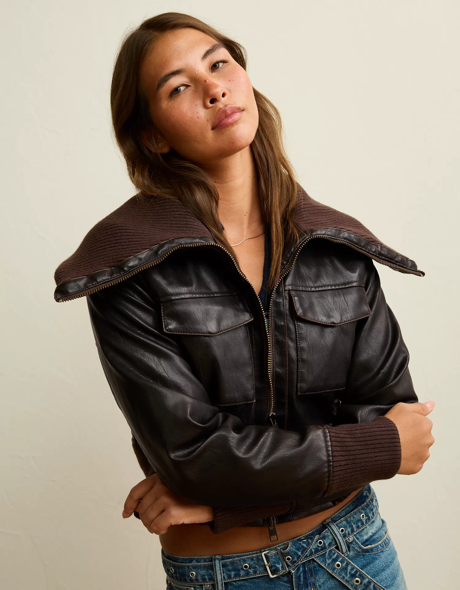 AE Shrunken Vegan Leather Bomber Jacket