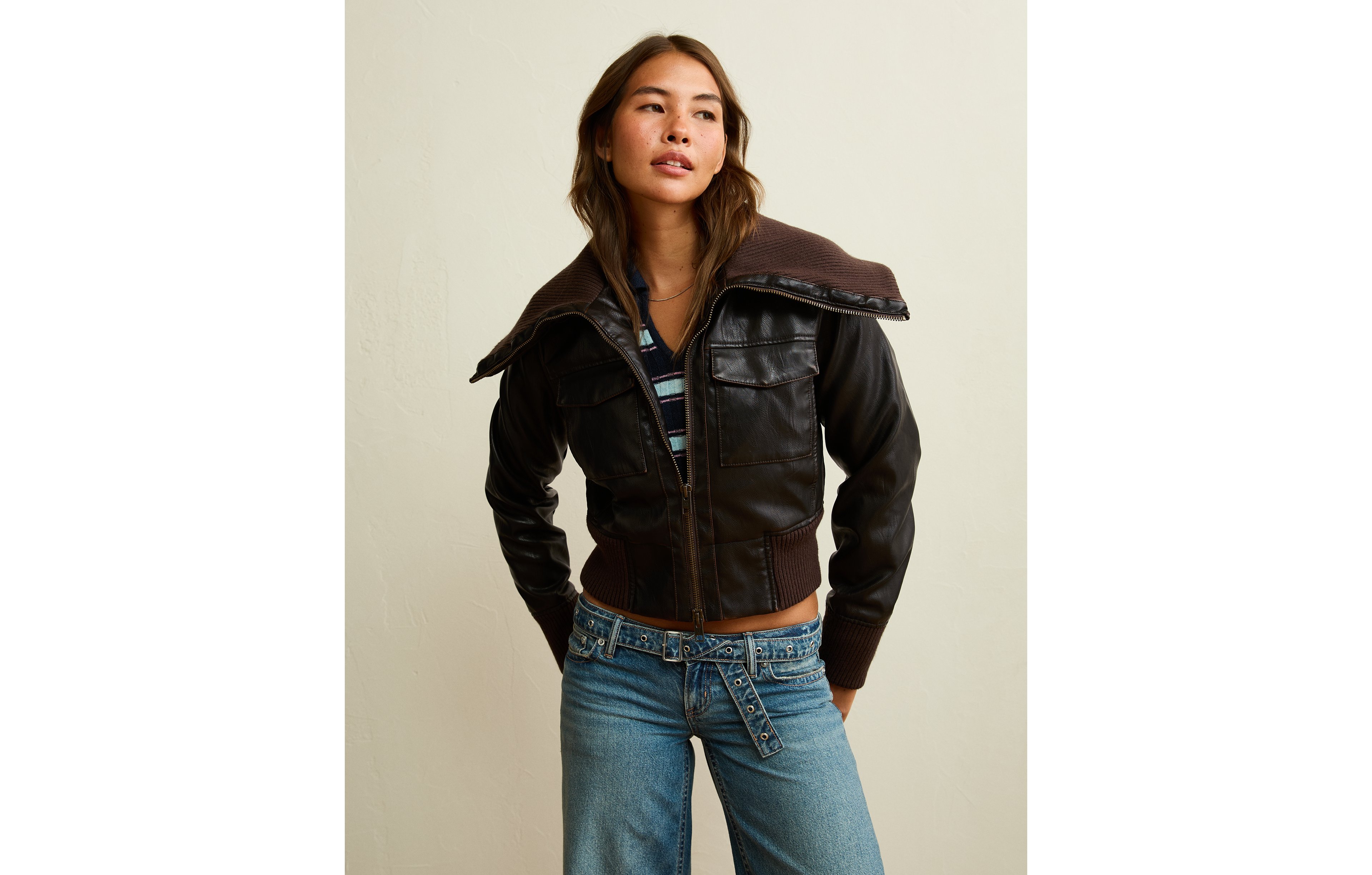 AE Shrunken Vegan Leather Bomber Jacket