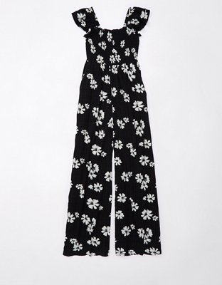 Aerie SMOCKED WIDE LEG JUMPSUIT Black Size M - $30 (45% Off Retail