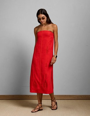AE77 Embroidered Strapless Linen Tube Dress