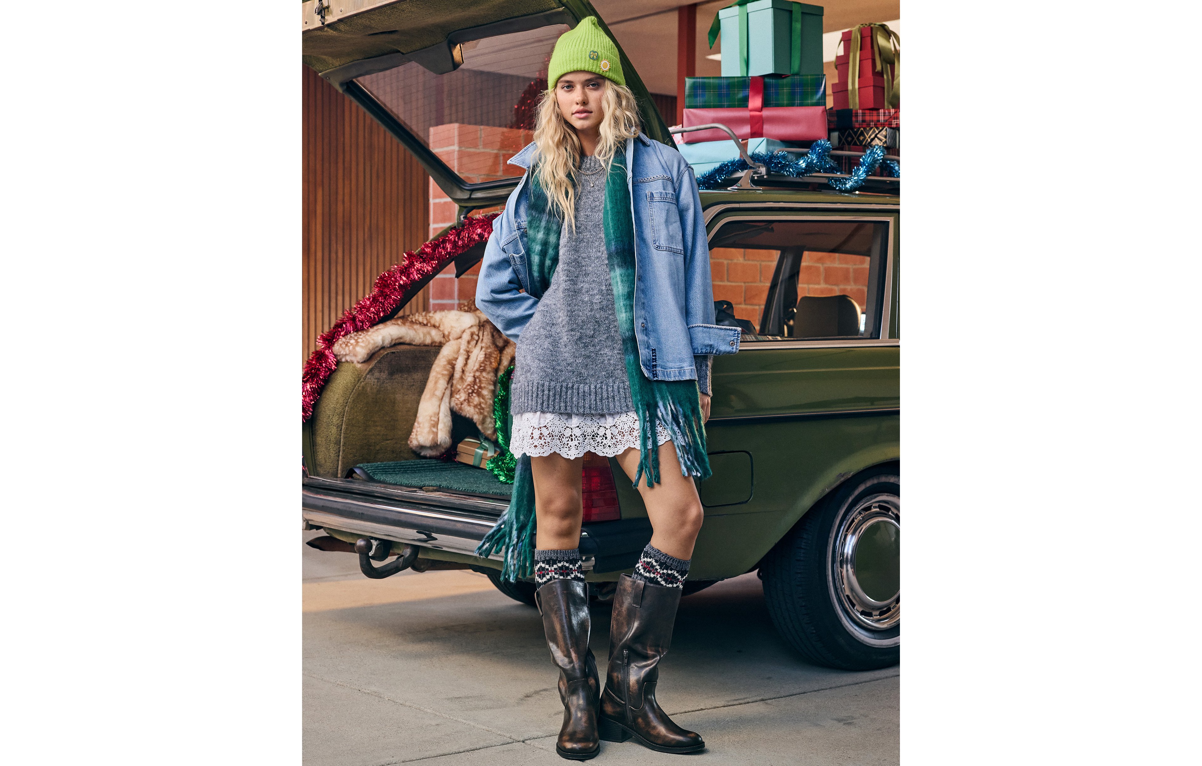 AE Oversized Sweater Lace-Trim Mini Dress