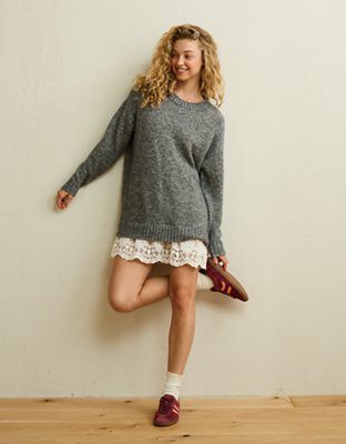 AE Oversized Sweater Lace-Trim Mini Dress