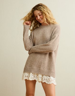 AE Oversized Sweater Lace-Trim Mini Dress