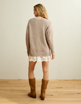 AE Oversized Sweater Lace-Trim Mini Dress