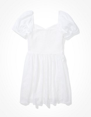 AE Solid Eyelet Puff-Sleeve Mini Dress