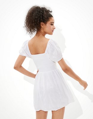 AE Solid Eyelet Puff-Sleeve Mini Dress