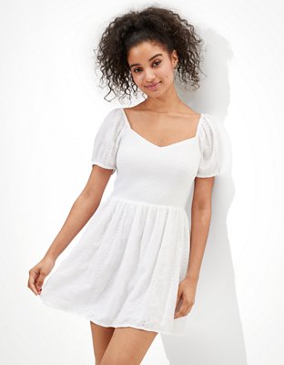 AE Solid Eyelet Puff-Sleeve Mini Dress