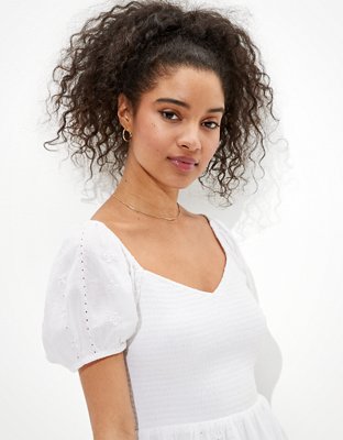 AE Solid Eyelet Puff-Sleeve Mini Dress