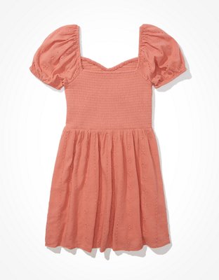 AE Solid Eyelet Puff-Sleeve Mini Dress