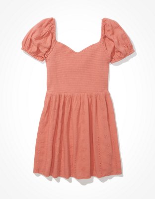 AE Solid Eyelet Puff-Sleeve Mini Dress