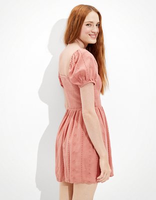 AE Solid Eyelet Puff-Sleeve Mini Dress