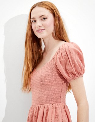 AE Solid Eyelet Puff-Sleeve Mini Dress