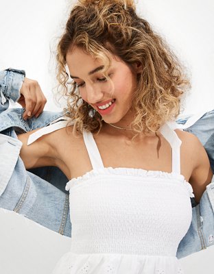 AE Solid Eyelet Smocked Mini Dress