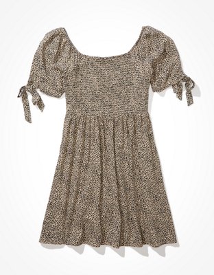 AE Leopard Tie-Sleeve Smocked Mini Dress