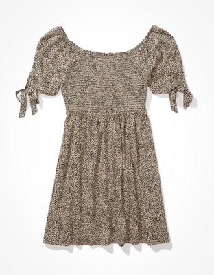 AE Leopard Tie-Sleeve Smocked Mini Dress