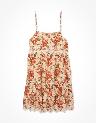 AE Floral Embroidered Tiered Babydoll Dress | American Eagle