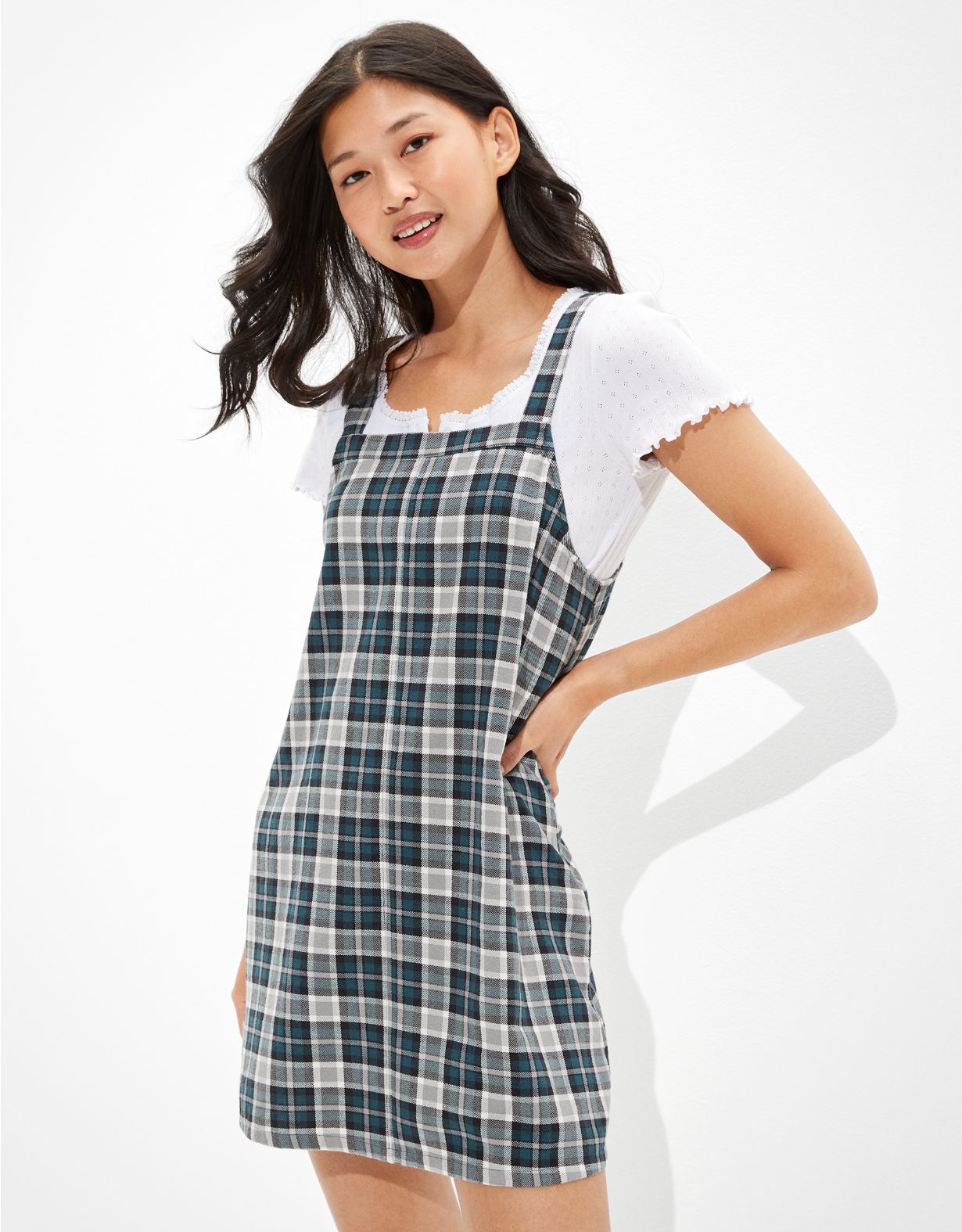 AE Plaid Overall Mini Dress