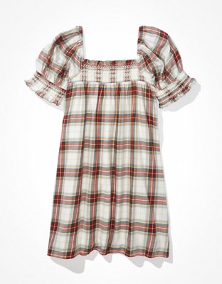 AE Plaid Smocked Puff-Sleeve Babydoll Dress