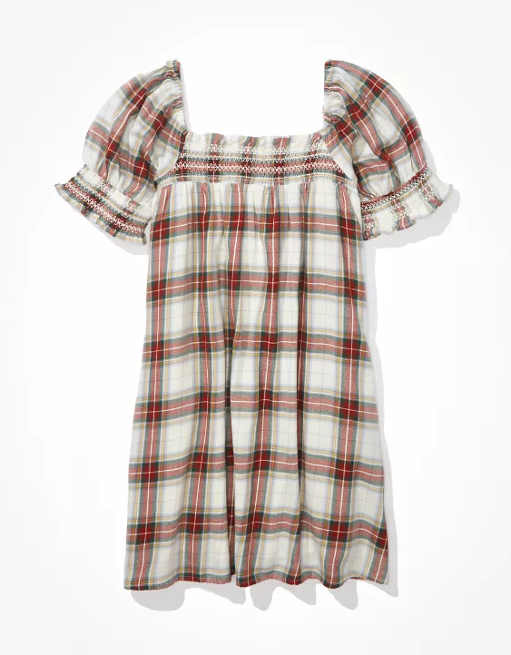 AE Plaid Smocked Puff-Sleeve Babydoll Dress