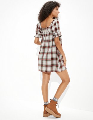 AE Plaid Smocked Puff-Sleeve Babydoll Dress