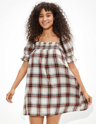 AE Plaid Smocked Puff-Sleeve Babydoll Dress