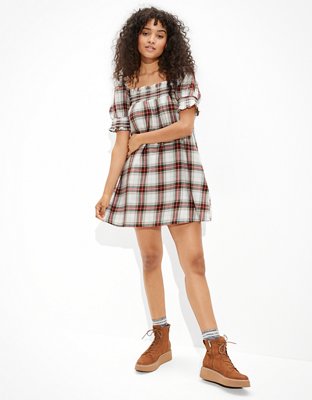 AE Plaid Smocked Puff-Sleeve Babydoll Dress