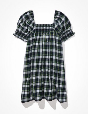 AE Plaid Smocked Puff-Sleeve Babydoll Dress