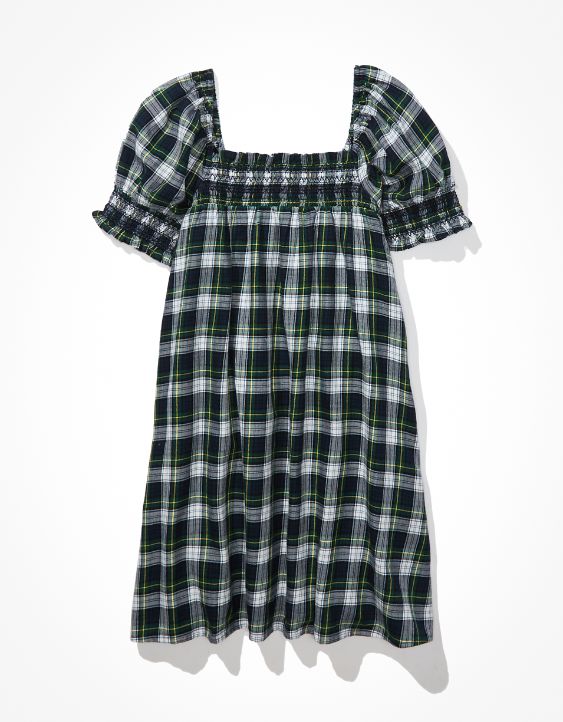AE Plaid Smocked Puff-Sleeve Babydoll Dress