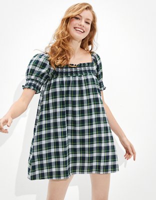 AE Plaid Smocked Puff-Sleeve Babydoll Dress