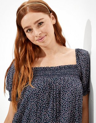 AE Floral Smocked Puff-Sleeve Babydoll Dress