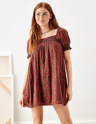 AE Floral Smocked Puff-Sleeve Babydoll Dress