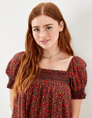 AE Floral Smocked Puff-Sleeve Babydoll Dress