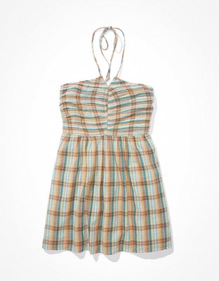 ae plaid babydoll mini dress AE Plaid Smocked Puff-Sleeve Babydoll Dress