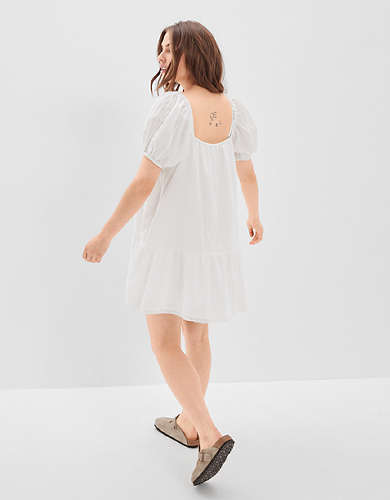 AE Embroidered Puff-Sleeve Swing Mini Dress