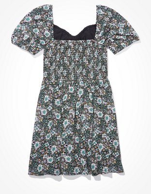 AE Floral Puff-Sleeve Ruched Mini Dress