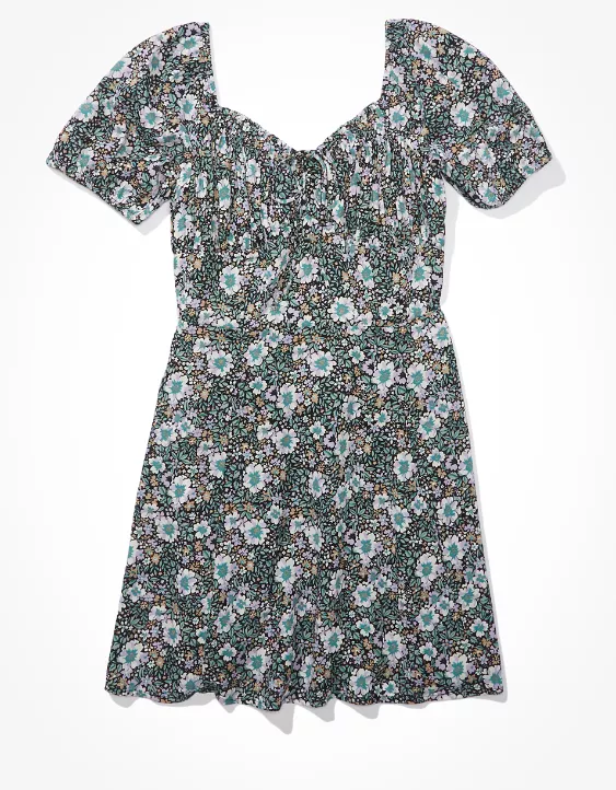 AE Floral Puff-Sleeve Ruched Mini Dress