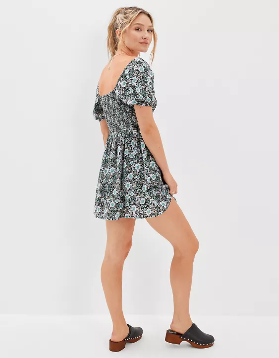 AE Floral Puff-Sleeve Ruched Mini Dress
