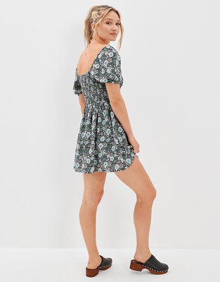 AE Floral Puff-Sleeve Ruched Mini Dress
