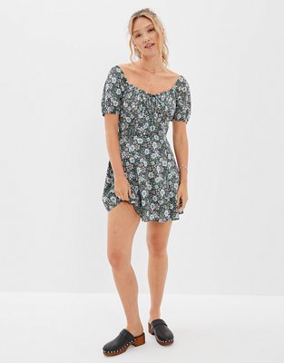 AE Floral Puff-Sleeve Ruched Mini Dress