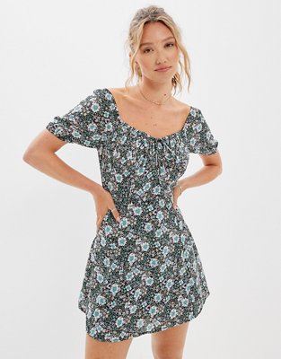 AE Floral Puff-Sleeve Ruched Mini Dress