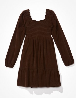 AE Long-Sleeve Smocked Corduroy Mini Dress